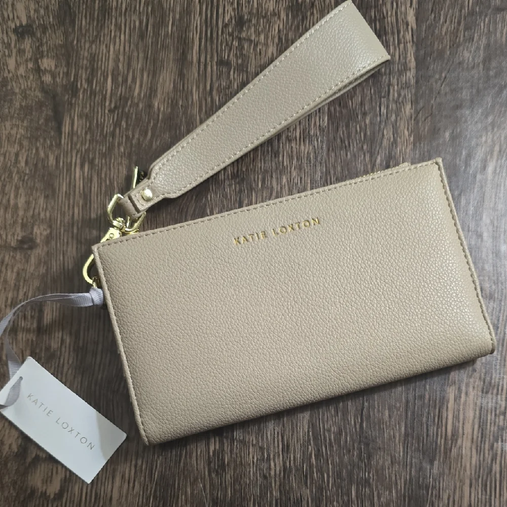 KATIE LOXTON Beige Leather‎ Wristlet Clutch New Gold Hardware